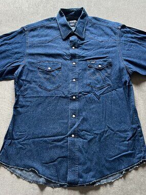 Wrangler Pearl Snap Denim Shirt Men 17 - 34 X Long Tail Blue Western Cotton Work
